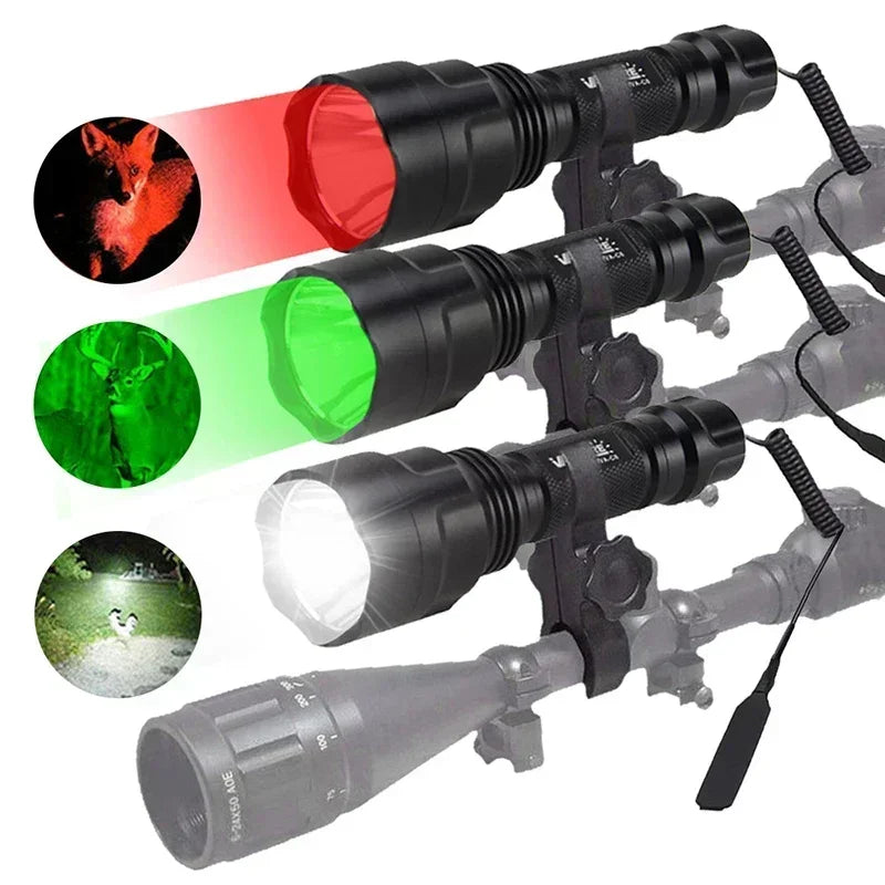 LED Flashlight White/Green/Red Tactical Hunting Rifle Lantern+Pressure Switch+Rail Scope Mount+18650+USB Charger