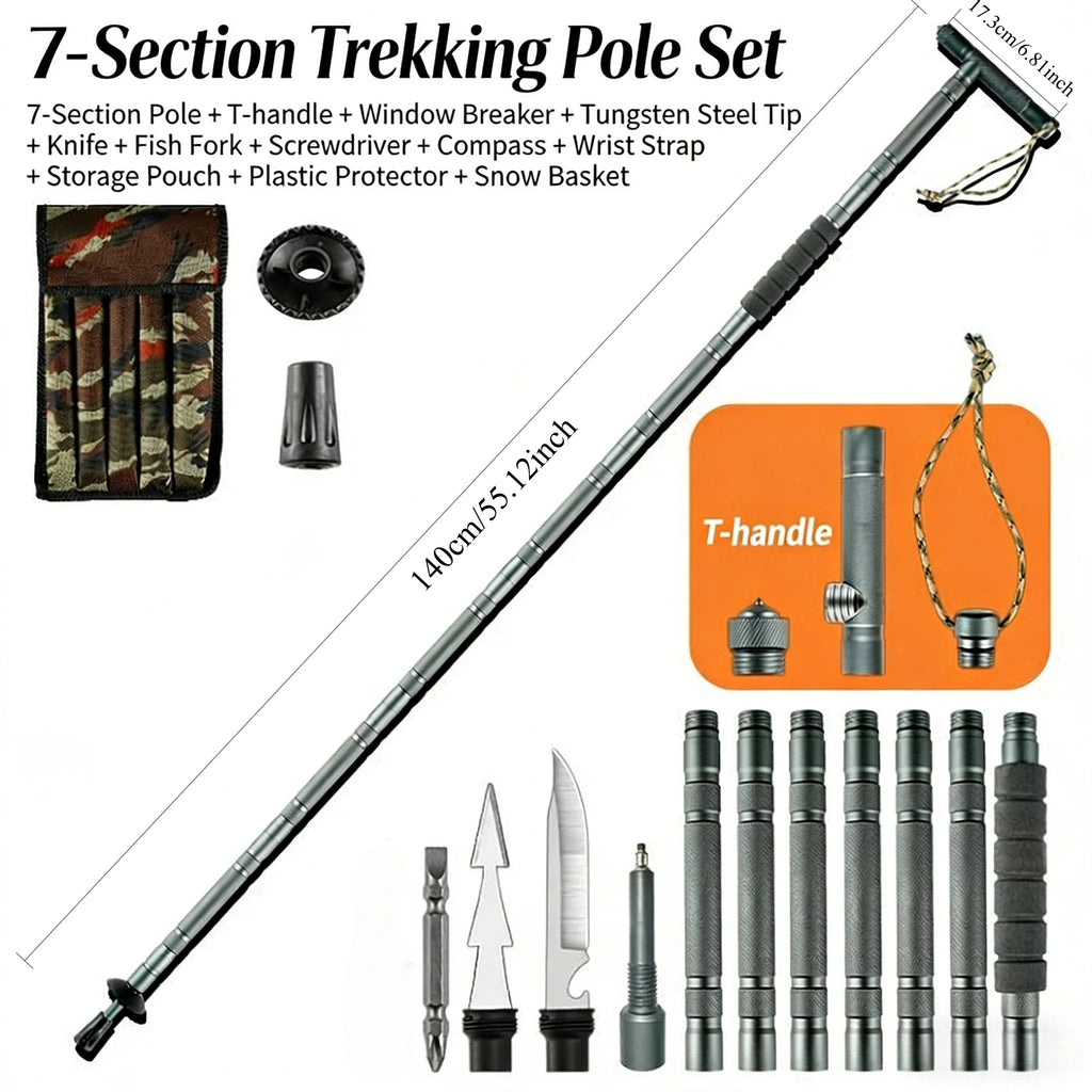 Folding Trekking Pole Heavy Duty Aluminum Alloy Handle Non-Slip Multi-Function Outdoor Hiking Walking Stick for Camping