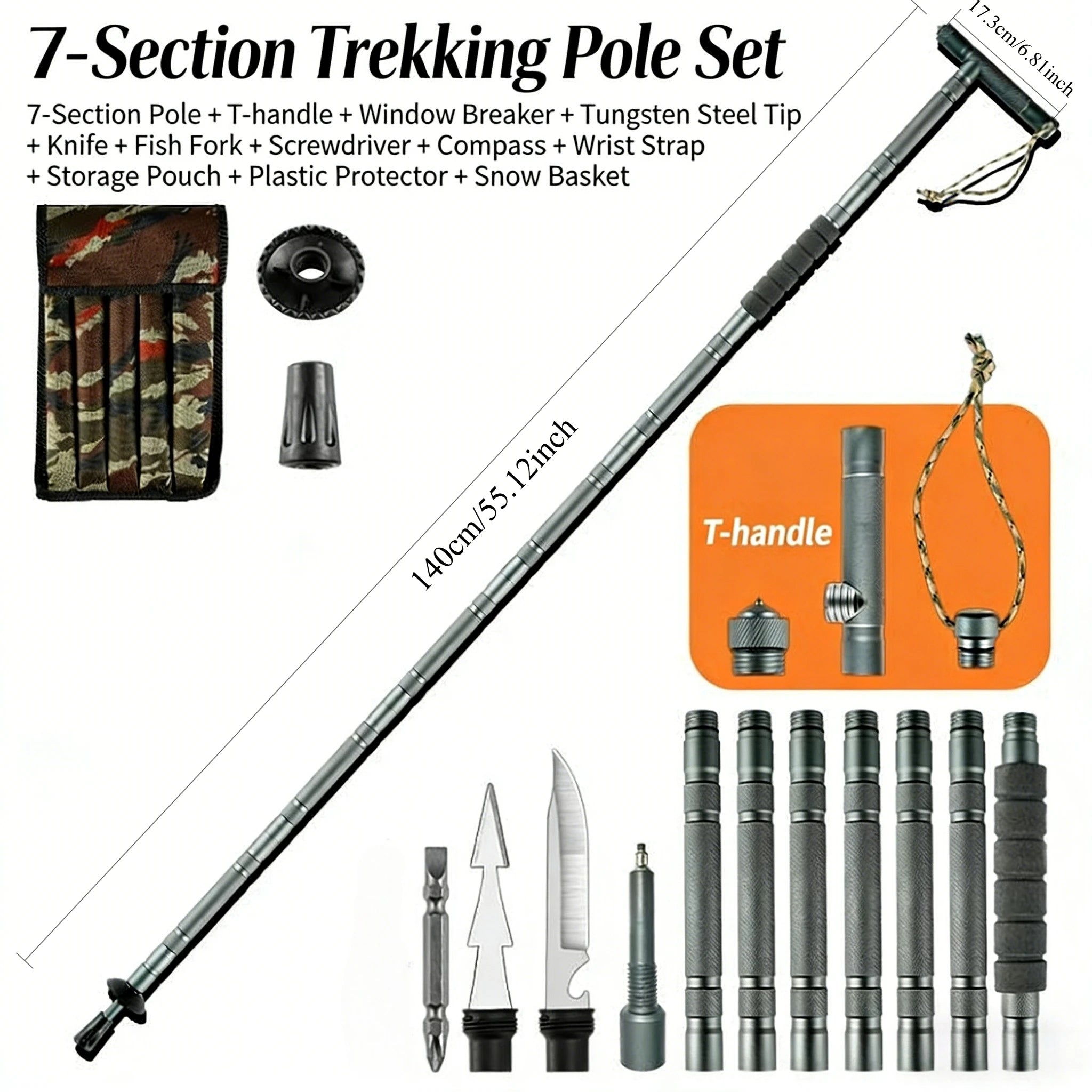Folding Trekking Pole Heavy Duty Aluminum Alloy Handle Non-Slip Multi-Function Outdoor Hiking Walking Stick for Camping