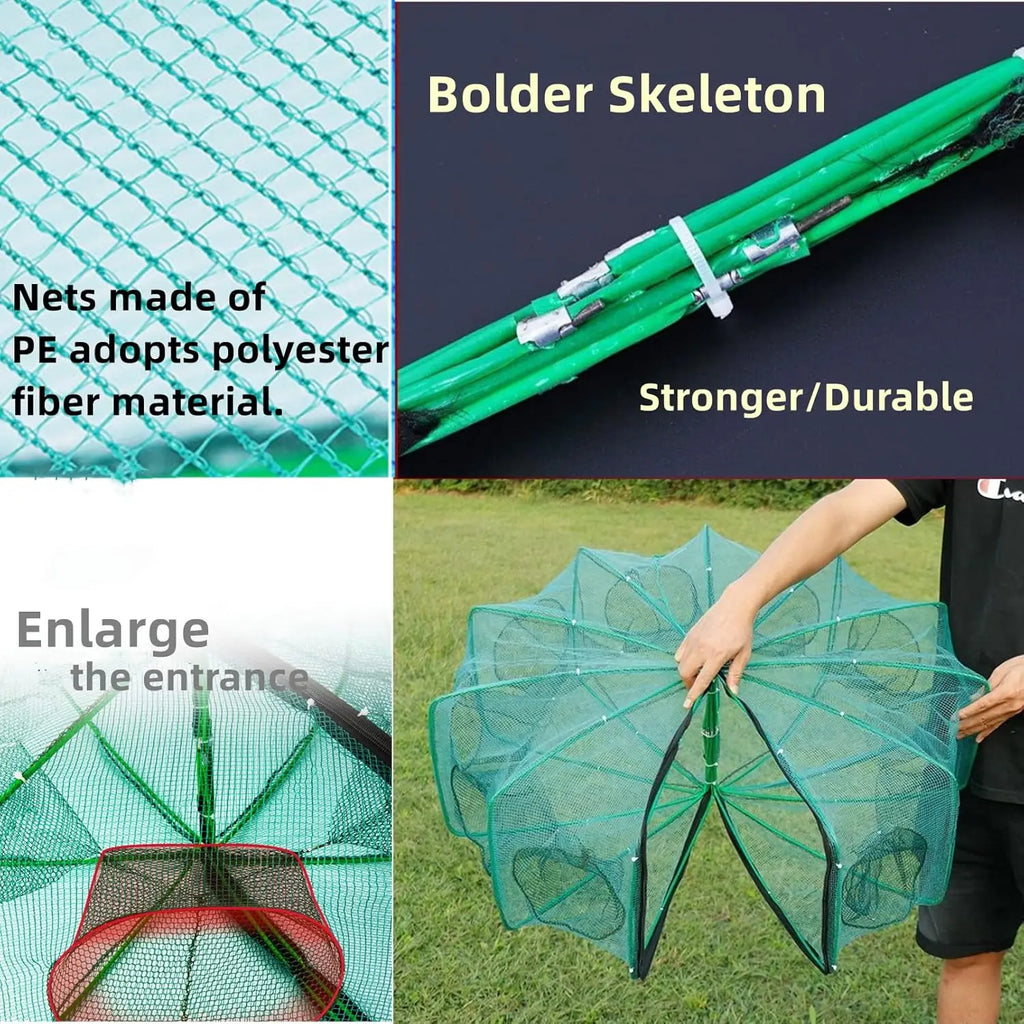 32in x 10in Folded Fishing Bait Trap with 10 Holes, Large Space for Fish/Crab/Shrimp/Crawdad, Includes Bait Bag and Rope