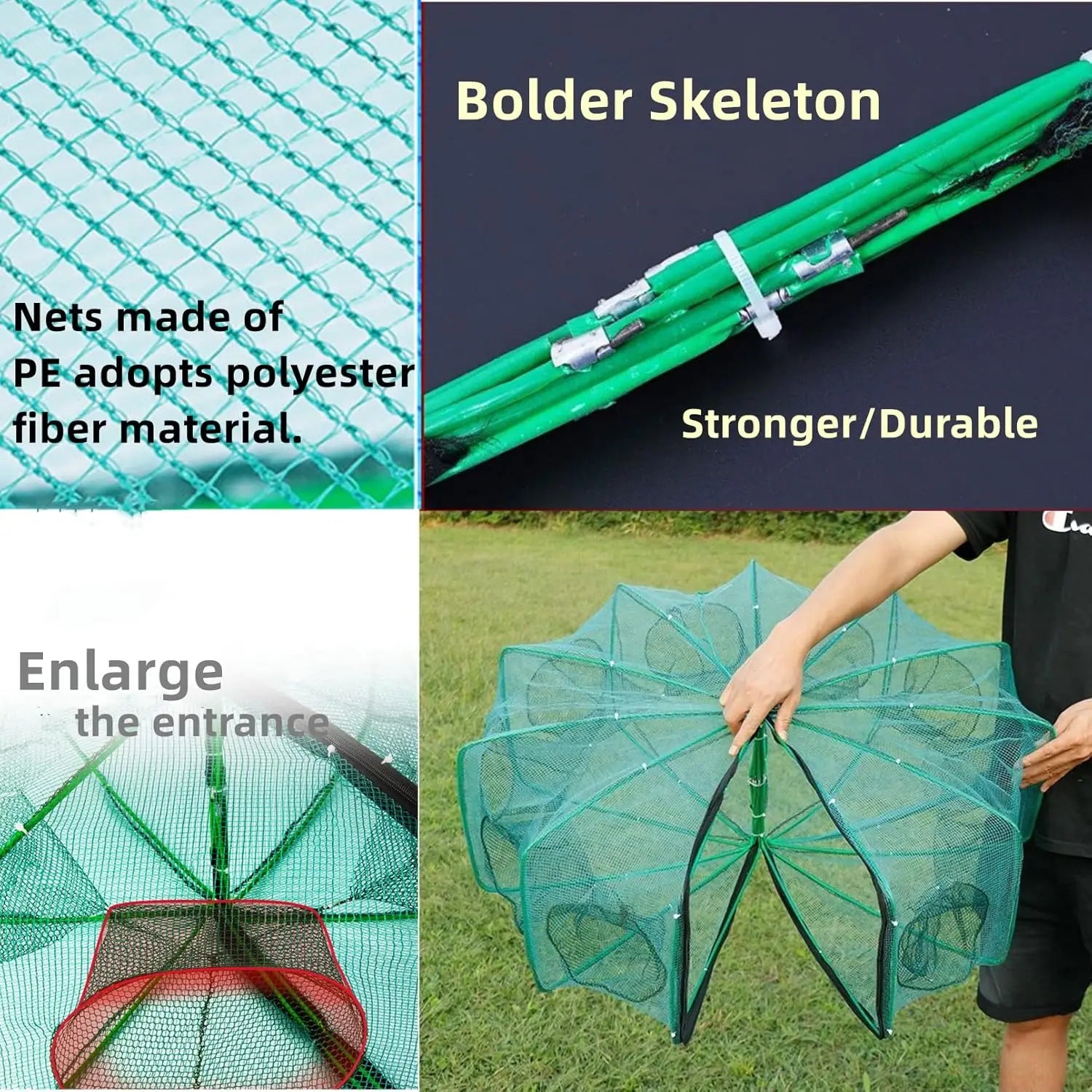 32in x 10in Folded Fishing Bait Trap with 10 Holes, Large Space for Fish/Crab/Shrimp/Crawdad, Includes Bait Bag and Rope