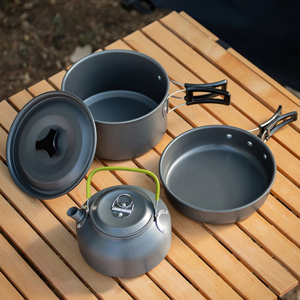 3PCS Camping Cookware Set Pot Pan Kettle Set Portable  with Mesh Bag