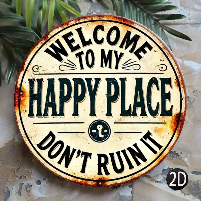 1pc Welcome to My Happy Place" Round Metal Sign - Durable, Easy-Hang Decor for Bedroom, Kitchen, Dining & Bar Decor