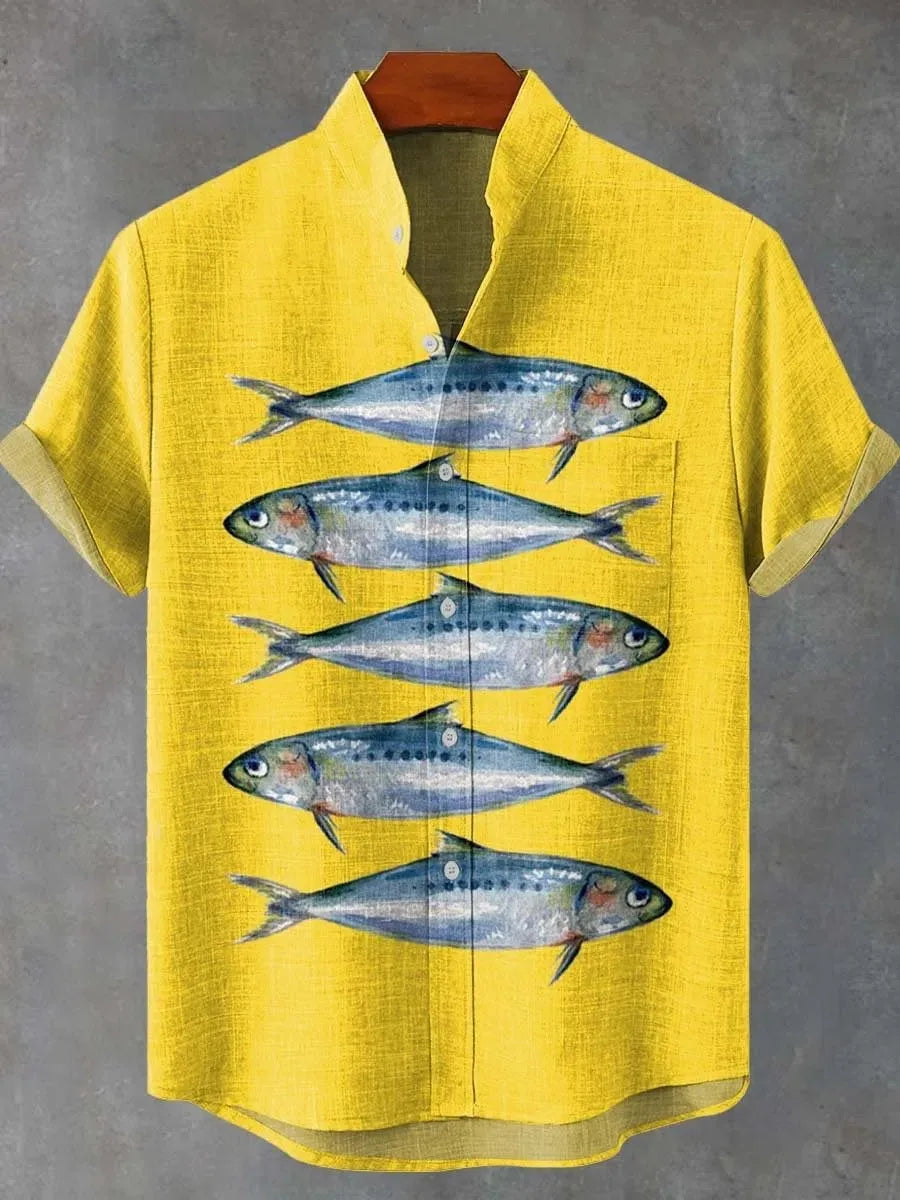 Men Summer Retro Fish Pattern Art Shirt Casual Linen Short Sleeve Fishing Enthusiast Clothing Beautiful Style Camisas De Hombre