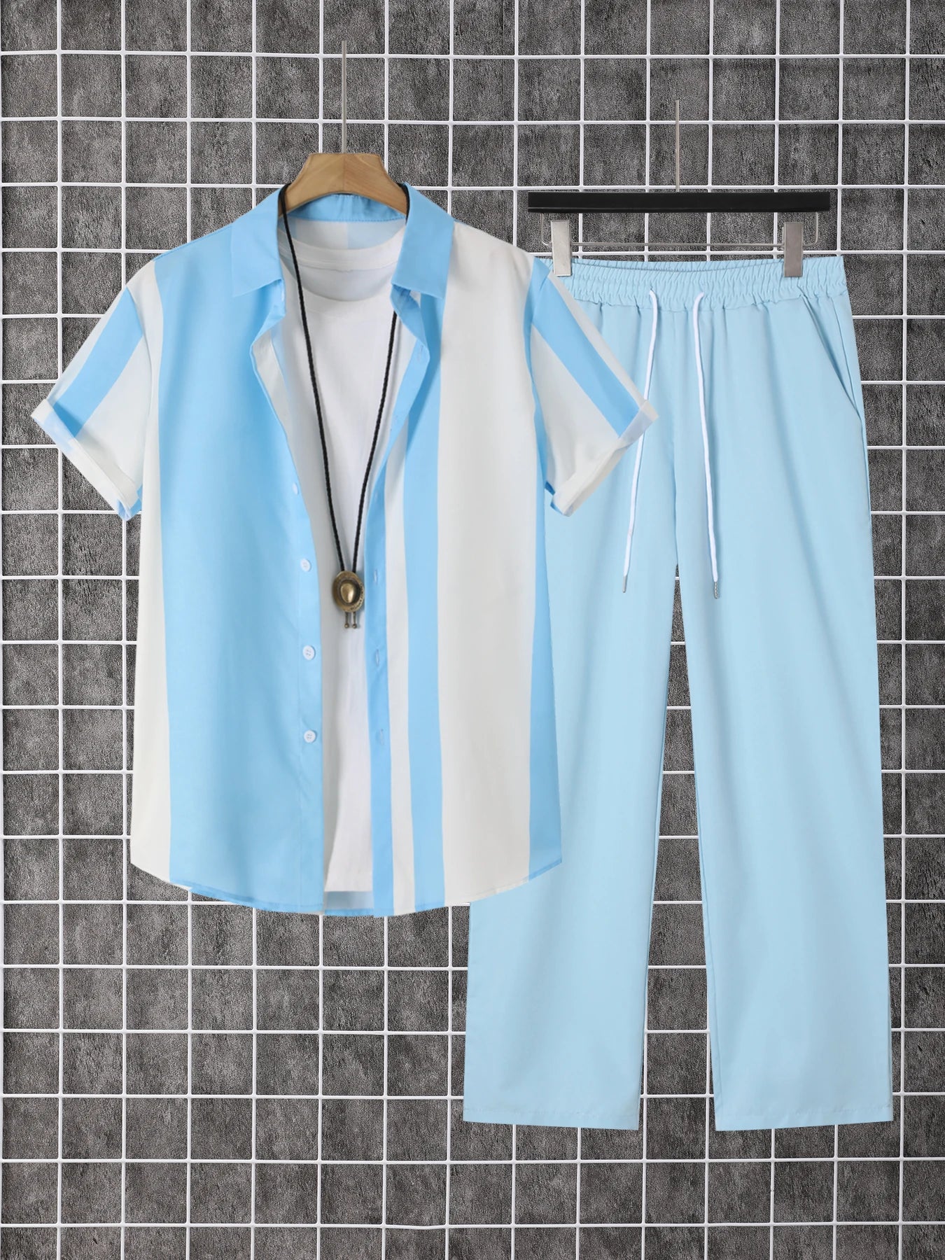 2-Piece Printed Men's Summer Short-Sleeved Button-Down Shirt and Pants Set