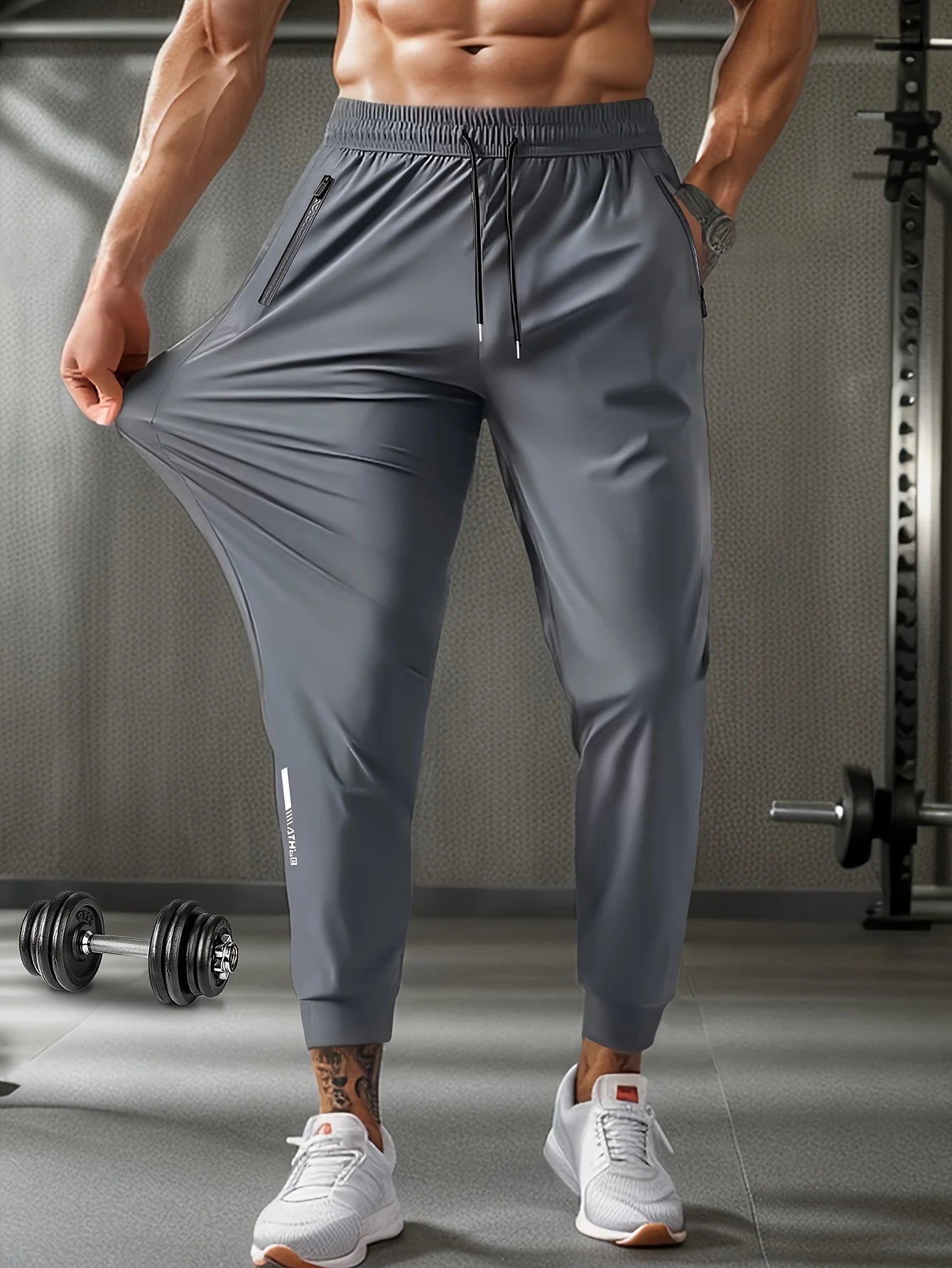 Men's Waist Drawstring Quick-drying High Elasticity Solid Color Long Pants With Zipper Pockets