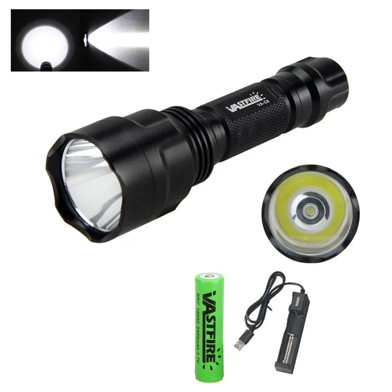 LED Flashlight White/Green/Red Tactical Hunting Rifle Lantern+Pressure Switch+Rail Scope Mount+18650+USB Charger