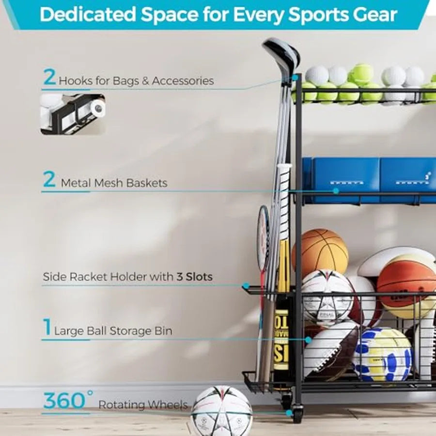 Large Garage Sports Equipment Organizer with Wheels