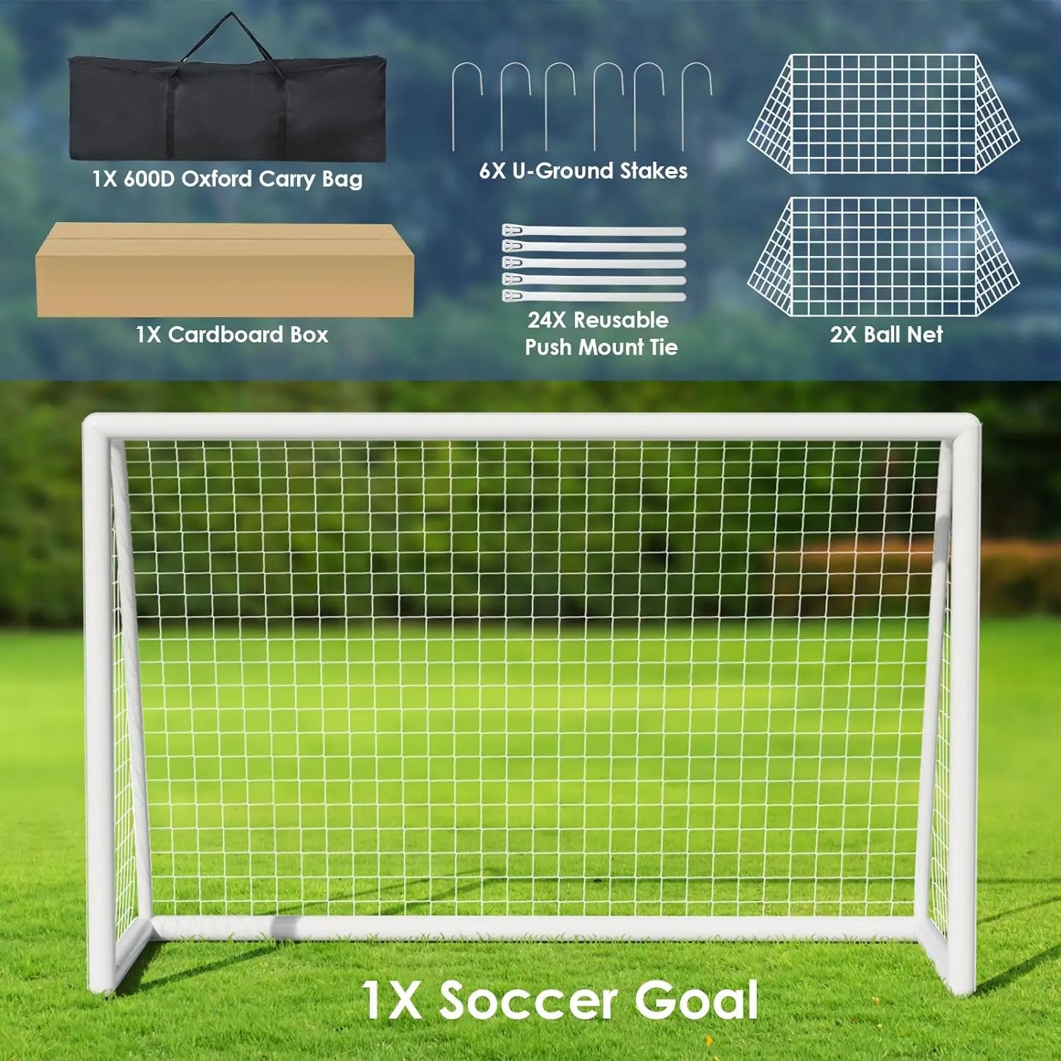 Portable Soccer Goal Ground Stakes, Soccer Goal Set 8x6ft  Weatherproof PVC Frame, for Backyard Kids, Adults, 2xFootball Net