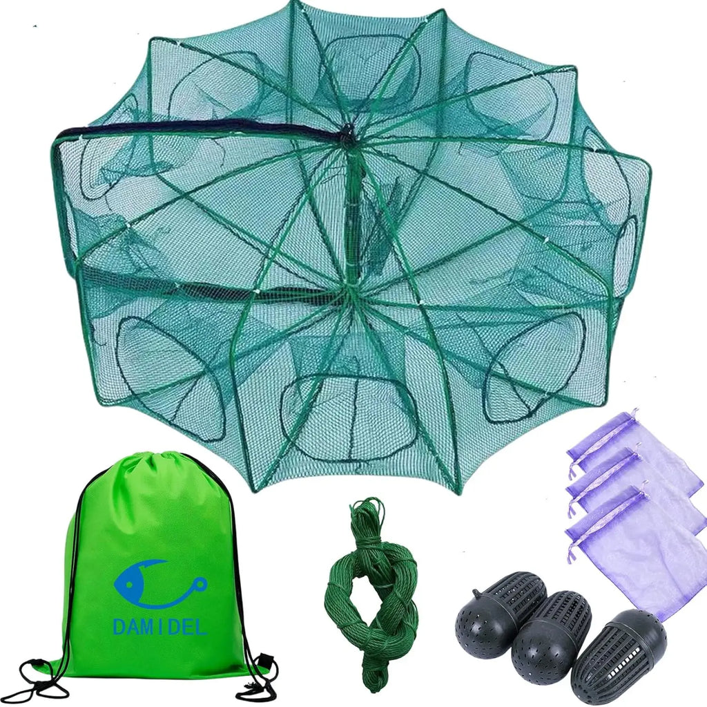 32in x 10in Folded Fishing Bait Trap with 10 Holes, Large Space for Fish/Crab/Shrimp/Crawdad, Includes Bait Bag and Rope