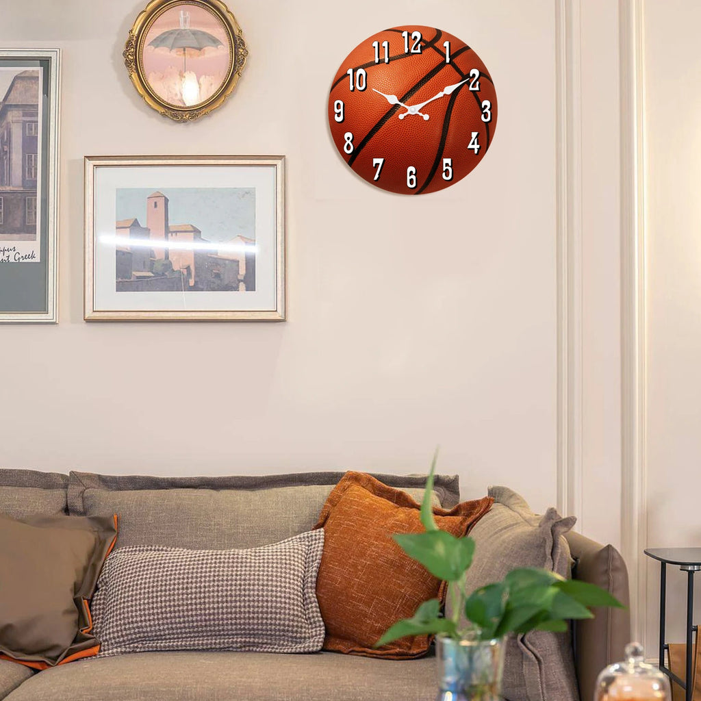 Basketball Texture Pattern Wooden Wall Clock Living Room Bedroom Kitchen Home Decoration Wall Clock Silent Quartz Clock Holiday Gift 10 Inches 12 Inches 14 Inches 16inch (Without Batteries)