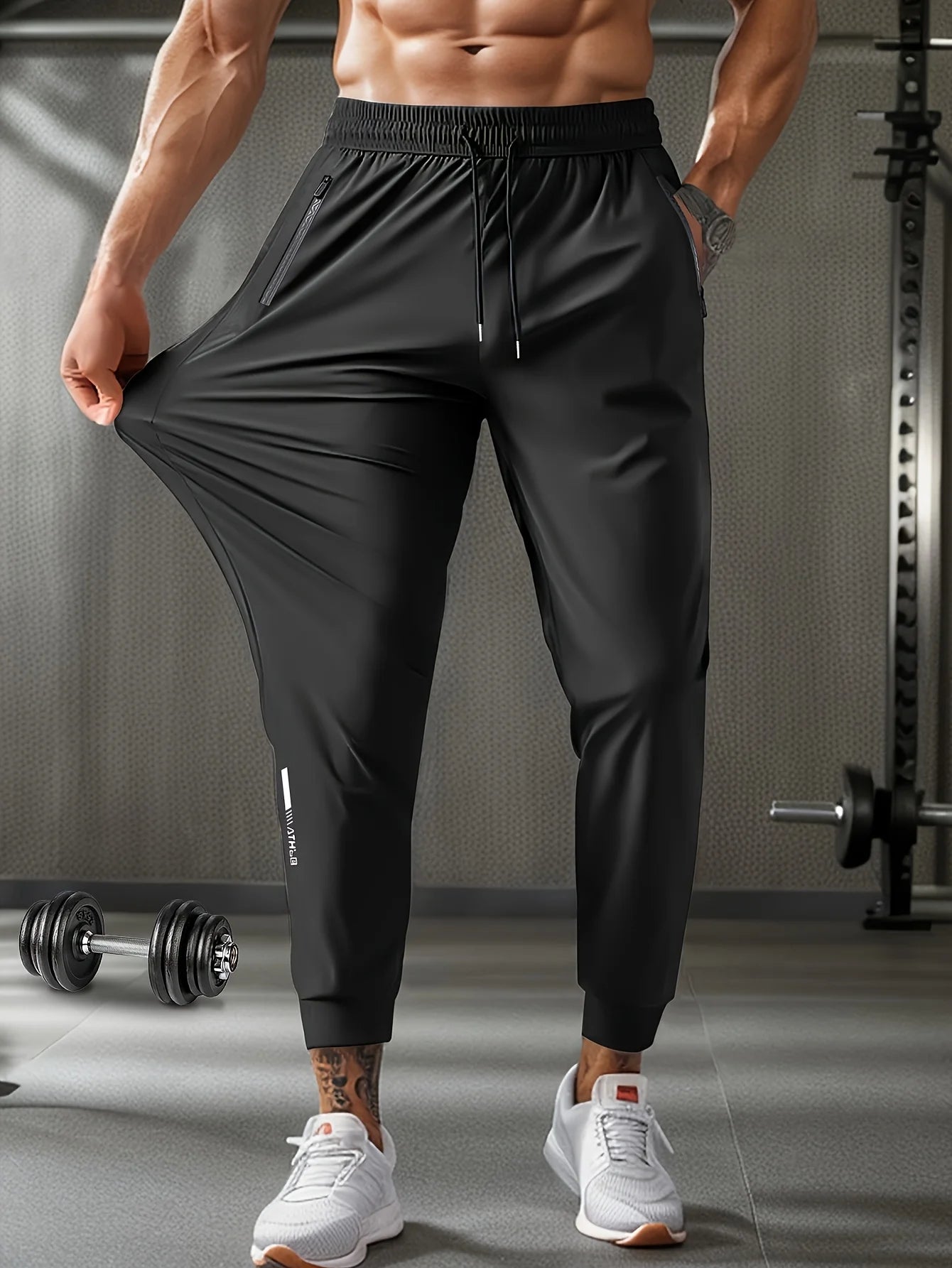 Men's Waist Drawstring Quick-drying High Elasticity Solid Color Long Pants With Zipper Pockets