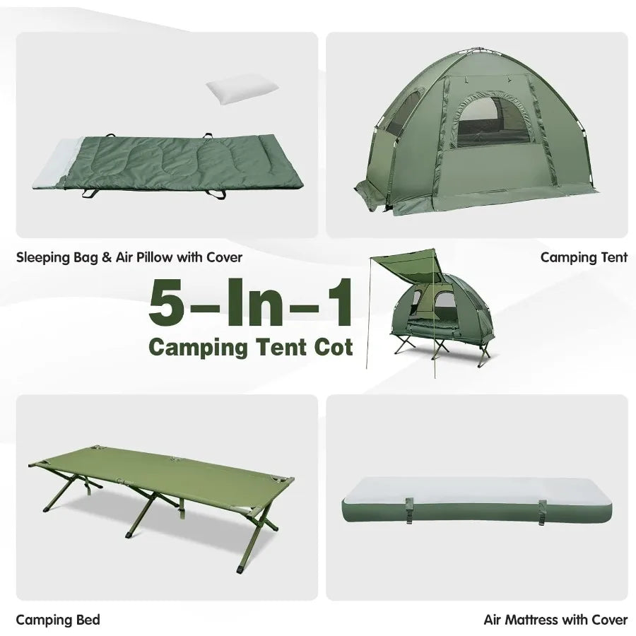 5 in1 Tent and Cot with Air Mattress - Sleeping Bag Off The Ground