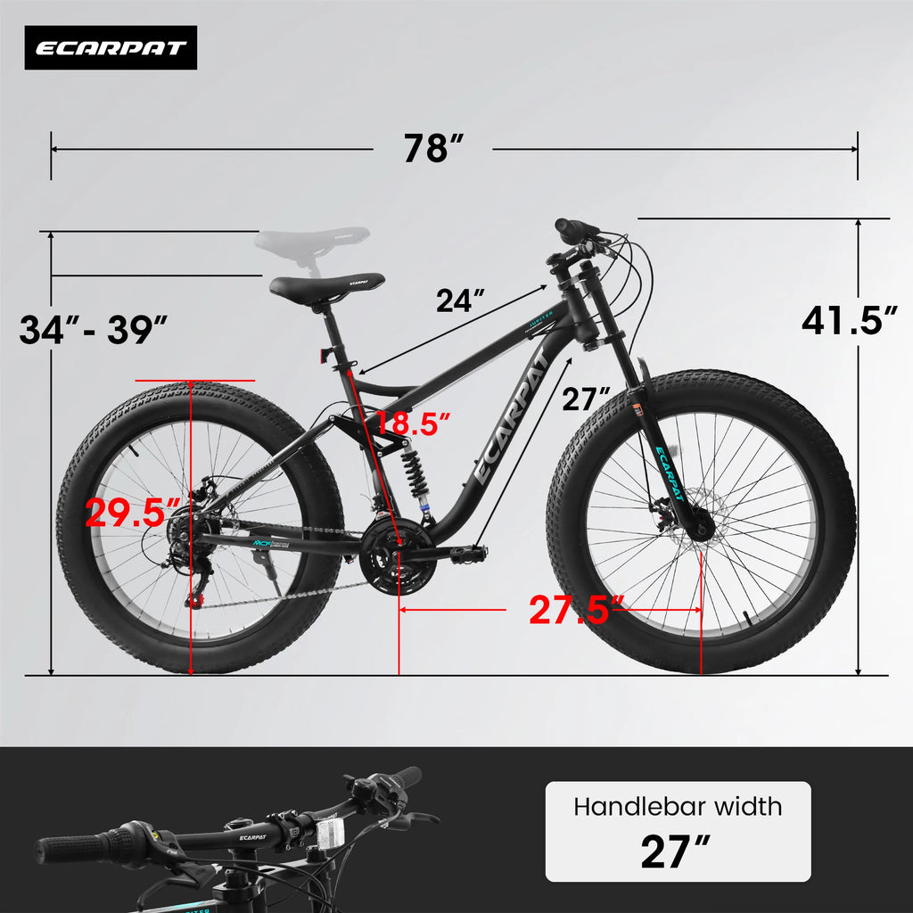 26 inch Mountain Bike, Full-Suspension 21 Speeds Drivetrain with Disc-Brake MTB Bicycle, 26*4" Fat tire