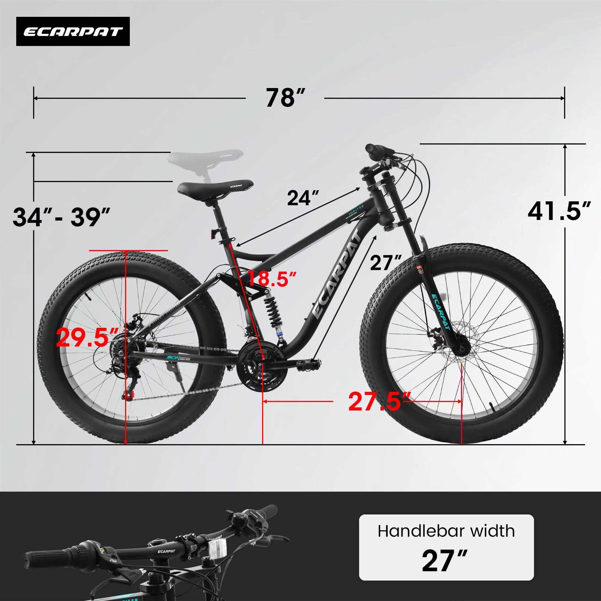 26 inch Mountain Bike, Full-Suspension 21 Speeds Drivetrain with Disc-Brake MTB Bicycle, 26*4" Fat tire