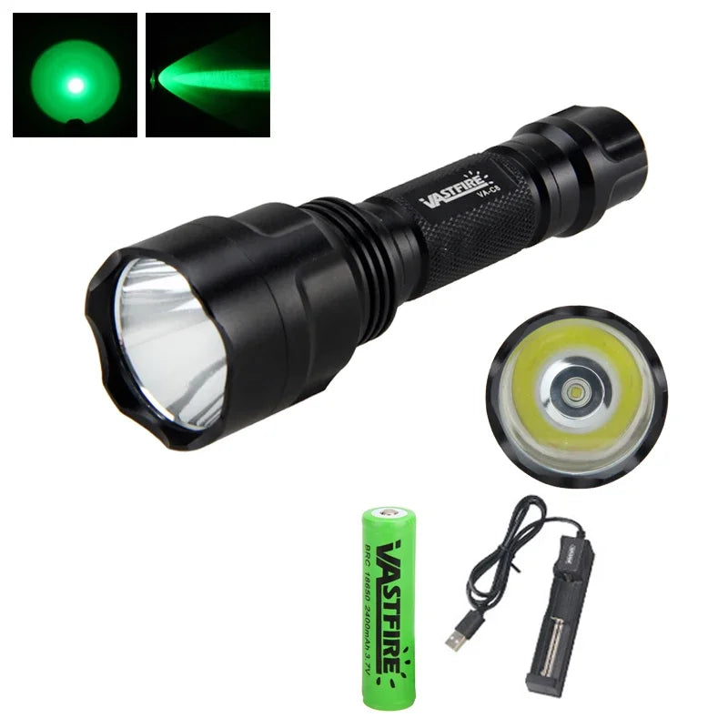 LED Flashlight White/Green/Red Tactical Hunting Rifle Lantern+Pressure Switch+Rail Scope Mount+18650+USB Charger