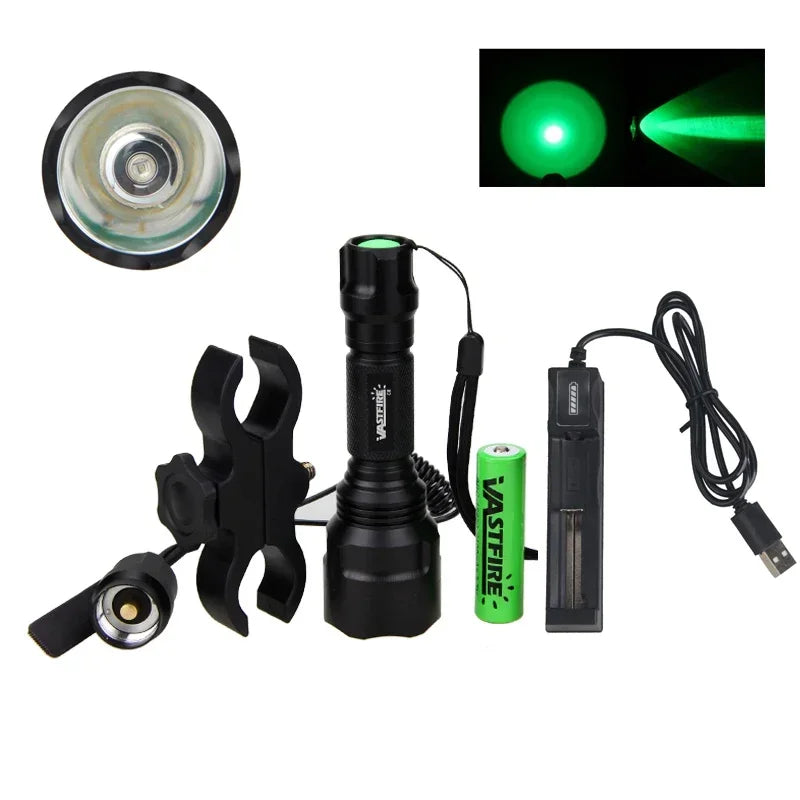 LED Flashlight White/Green/Red Tactical Hunting Rifle Lantern+Pressure Switch+Rail Scope Mount+18650+USB Charger