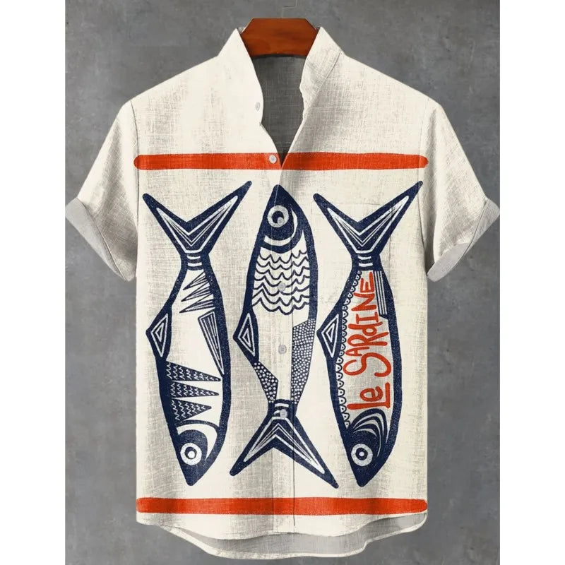 Men Summer Retro Fish Pattern Art Shirt Casual Linen Short Sleeve Fishing Enthusiast Clothing Beautiful Style Camisas De Hombre