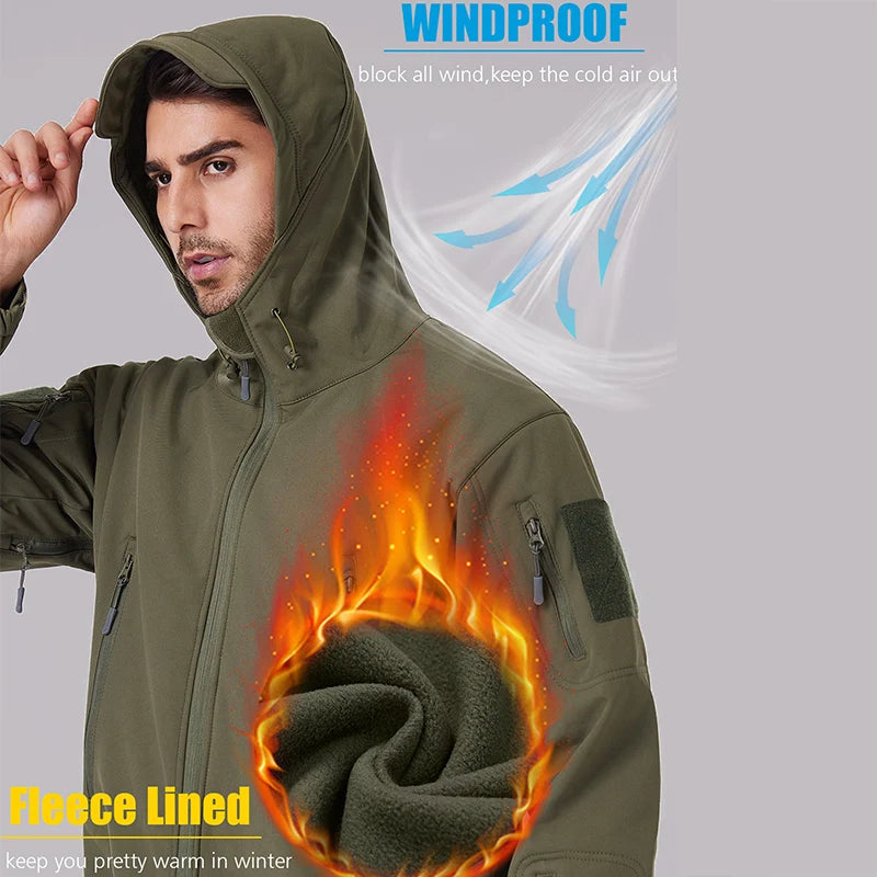 Men's Waterproof Softshell Jacket Warm Fleece Hooded Coat Windproof Outdoor Sports Fishing Hiking Jacket