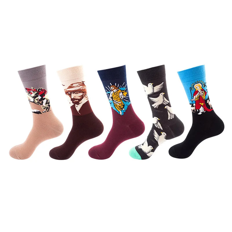 10pcs=5 Pairs Neutral Cool Funny Hiphop Casual Pastel Pack Long Tube Set Men Fashion Print Harajuku Cotton Sports Running Socks