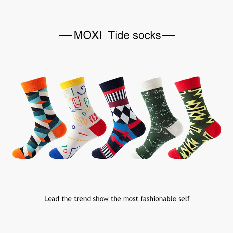10pcs=5 Pairs Neutral Cool Funny Hiphop Casual Pastel Pack Long Tube Set Men Fashion Print Harajuku Cotton Sports Running Socks