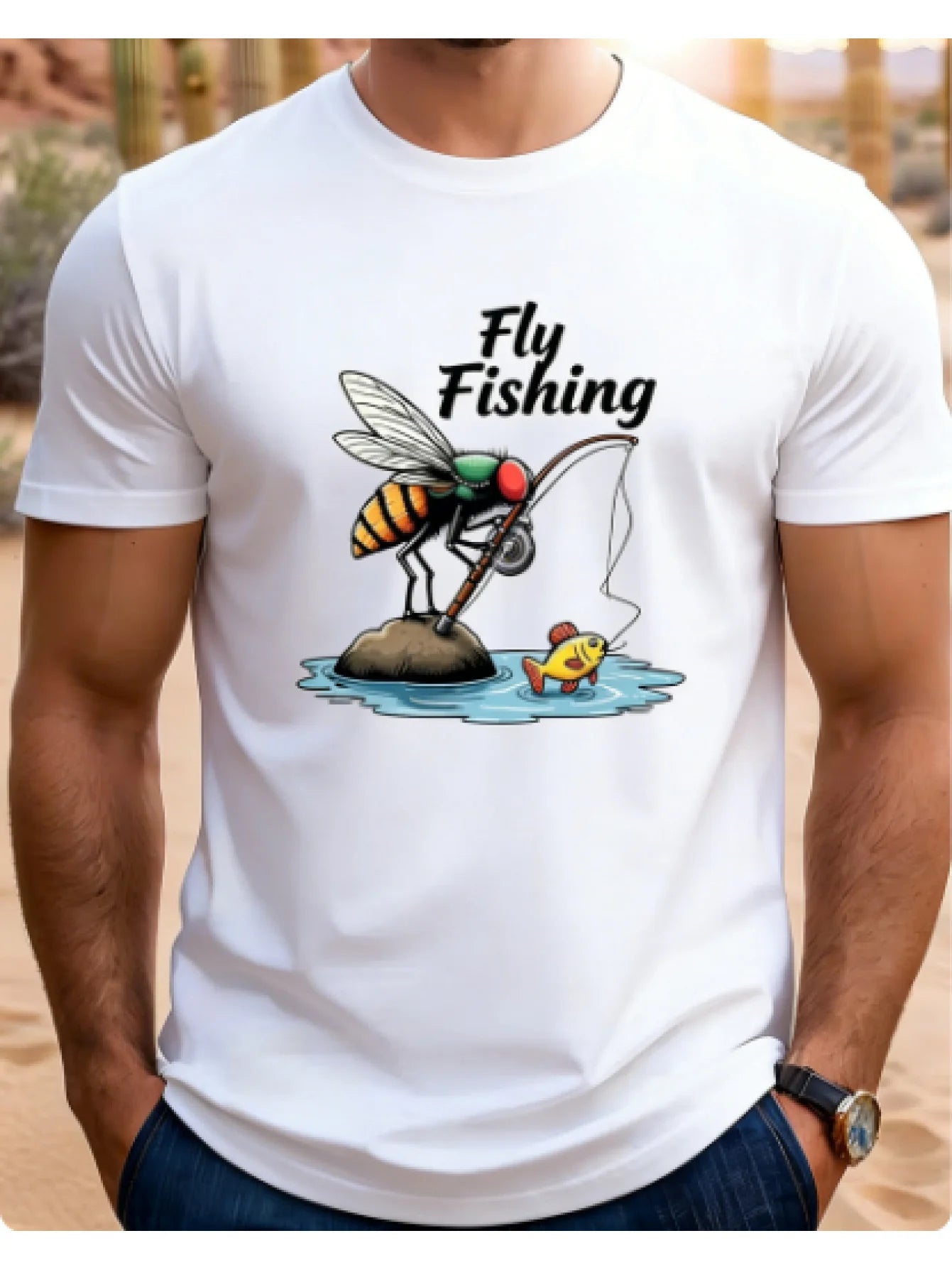 Men's Fly Fishing Fly Fishing Print T-Shirt, Fun Fishing Enthusiast Street Style Crew Neck Short Sleeve Top