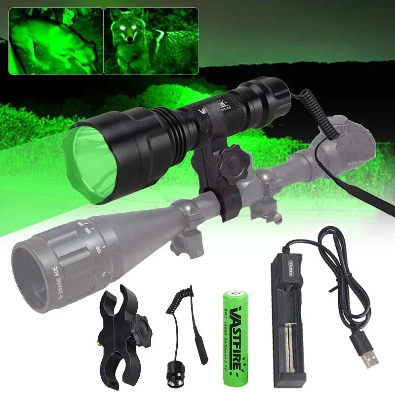 LED Flashlight White/Green/Red Tactical Hunting Rifle Lantern+Pressure Switch+Rail Scope Mount+18650+USB Charger