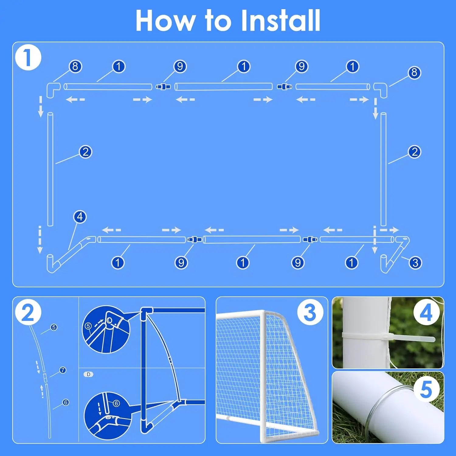 Portable Soccer Goal Ground Stakes, Soccer Goal Set 8x6ft  Weatherproof PVC Frame, for Backyard Kids, Adults, 2xFootball Net