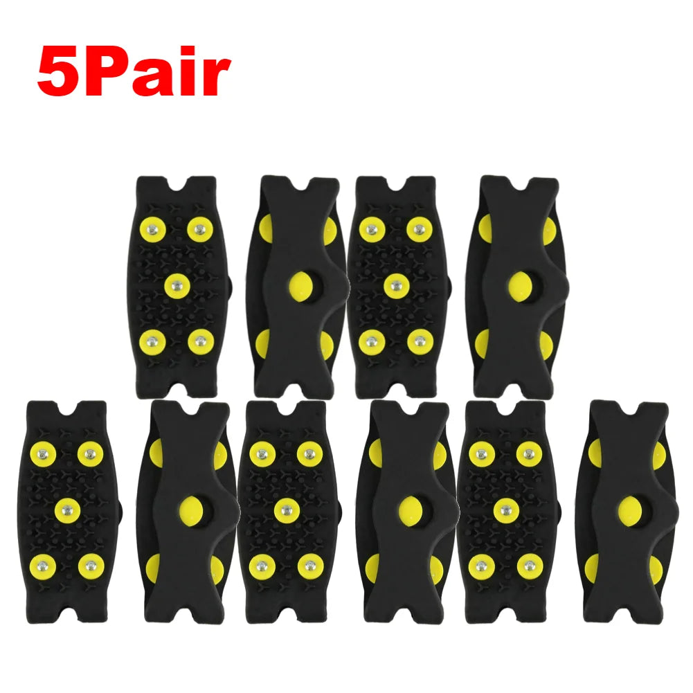 1-10Pair 5-Stud Anti Slip Crampons Snow Claw Shoe Covers Chain Spikes for Winter Walking Hiking Climbing Mountaineering Sports