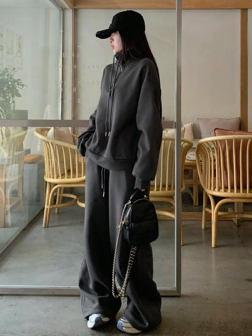 Women's Streetwear Hoodie & Wide Leg Pants Set, Casual Loose Fit 2 Piece Outfit