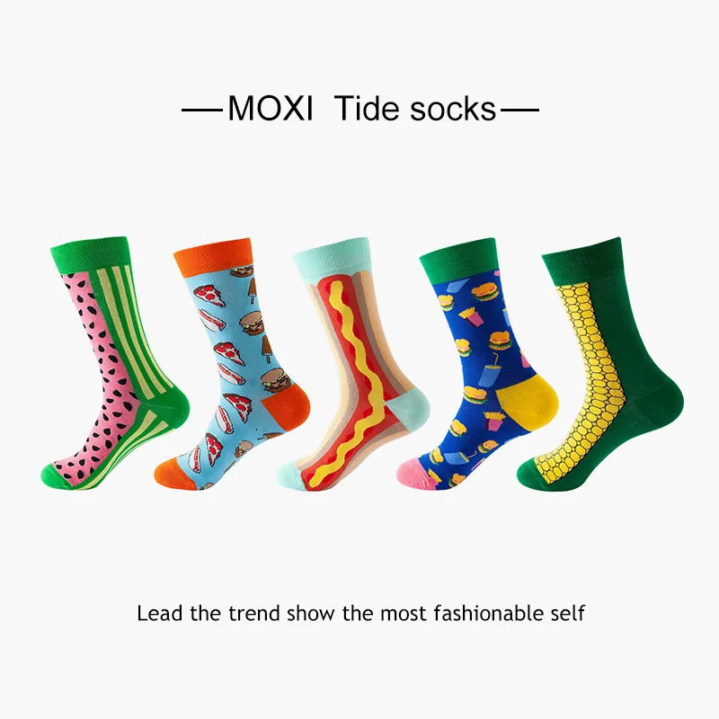 10pcs=5 Pairs Neutral Cool Funny Hiphop Casual Pastel Pack Long Tube Set Men Fashion Print Harajuku Cotton Sports Running Socks