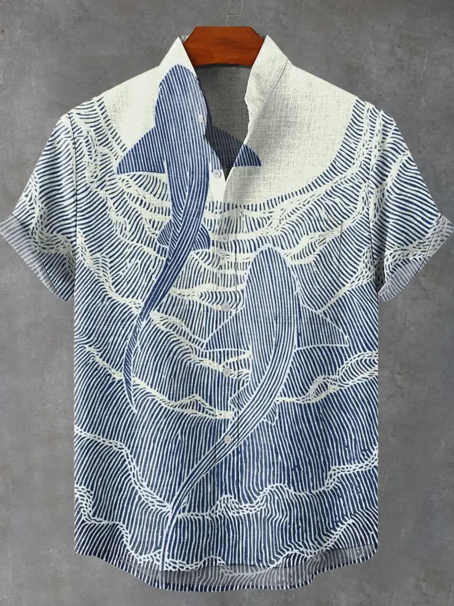 Men Summer Retro Fish Pattern Art Shirt Casual Linen Short Sleeve Fishing Enthusiast Clothing Beautiful Style Camisas De Hombre