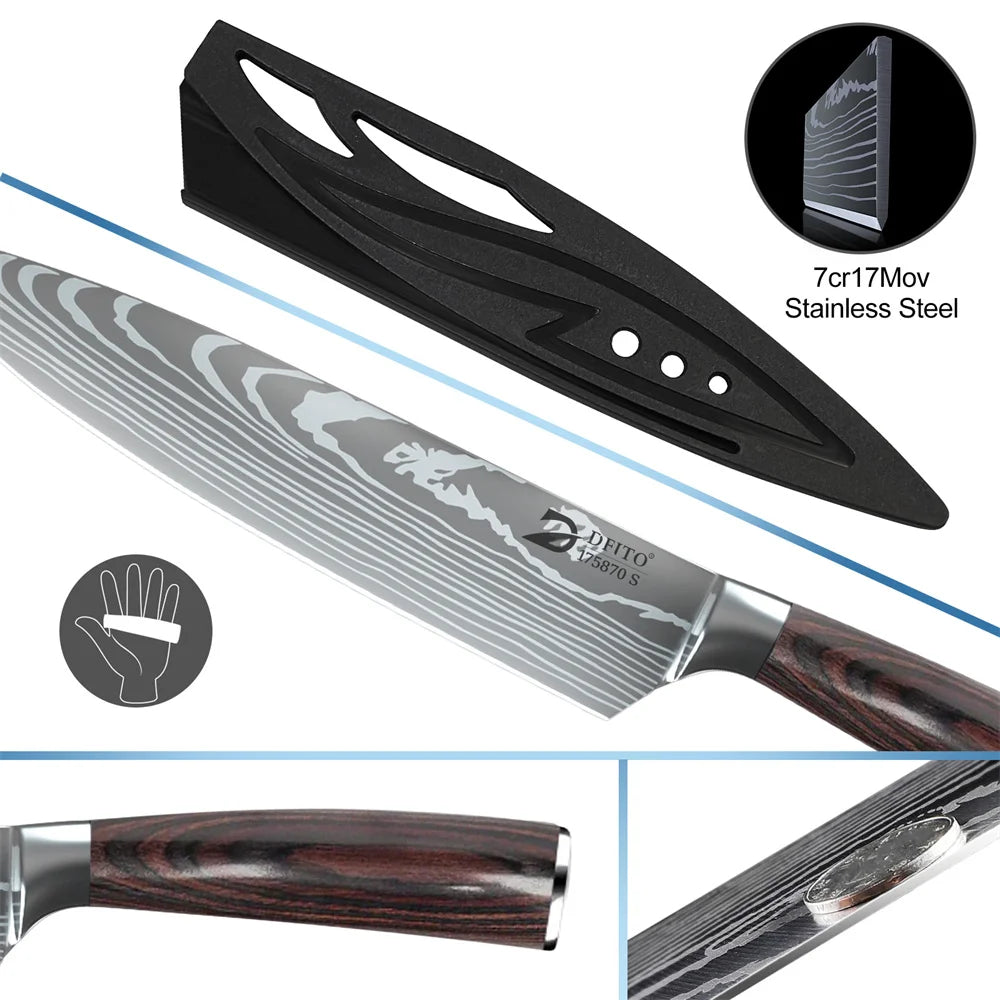 Kitchen Knife Damascus Stainless Steel Chef Knife 8 pcs w/Nylon Bag