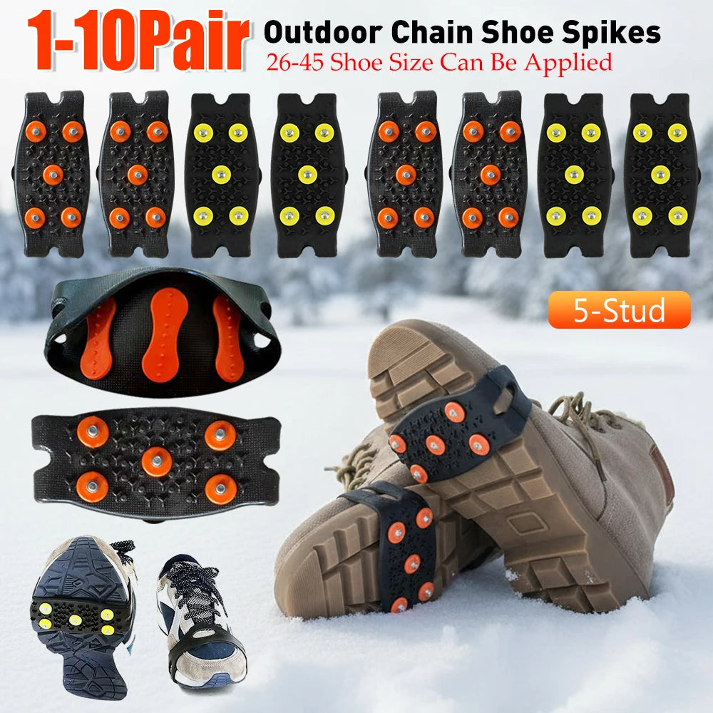 1-10Pair 5-Stud Anti Slip Crampons Snow Claw Shoe Covers Chain Spikes for Winter Walking Hiking Climbing Mountaineering Sports