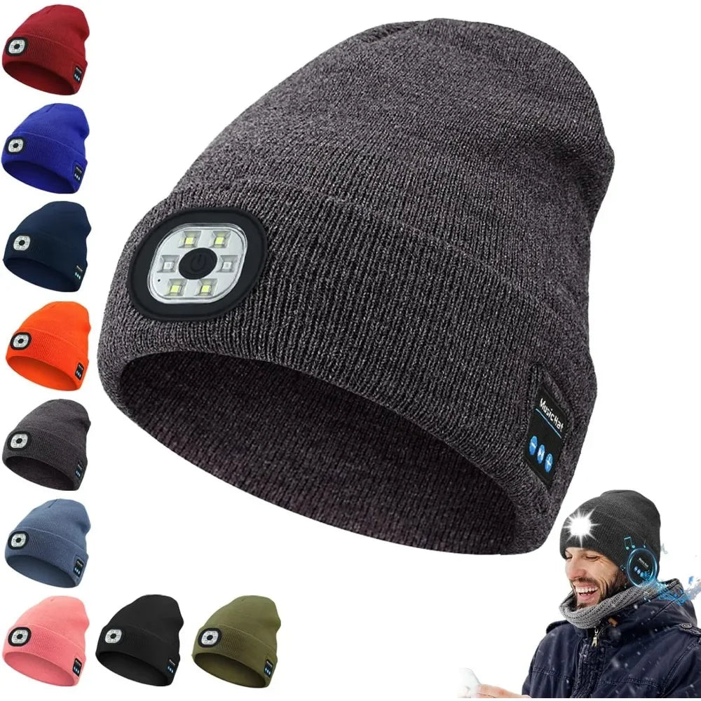 Bluetooth Beanie with Light, Unisex 6 LED USB Rechargeable with Cordless Headphones