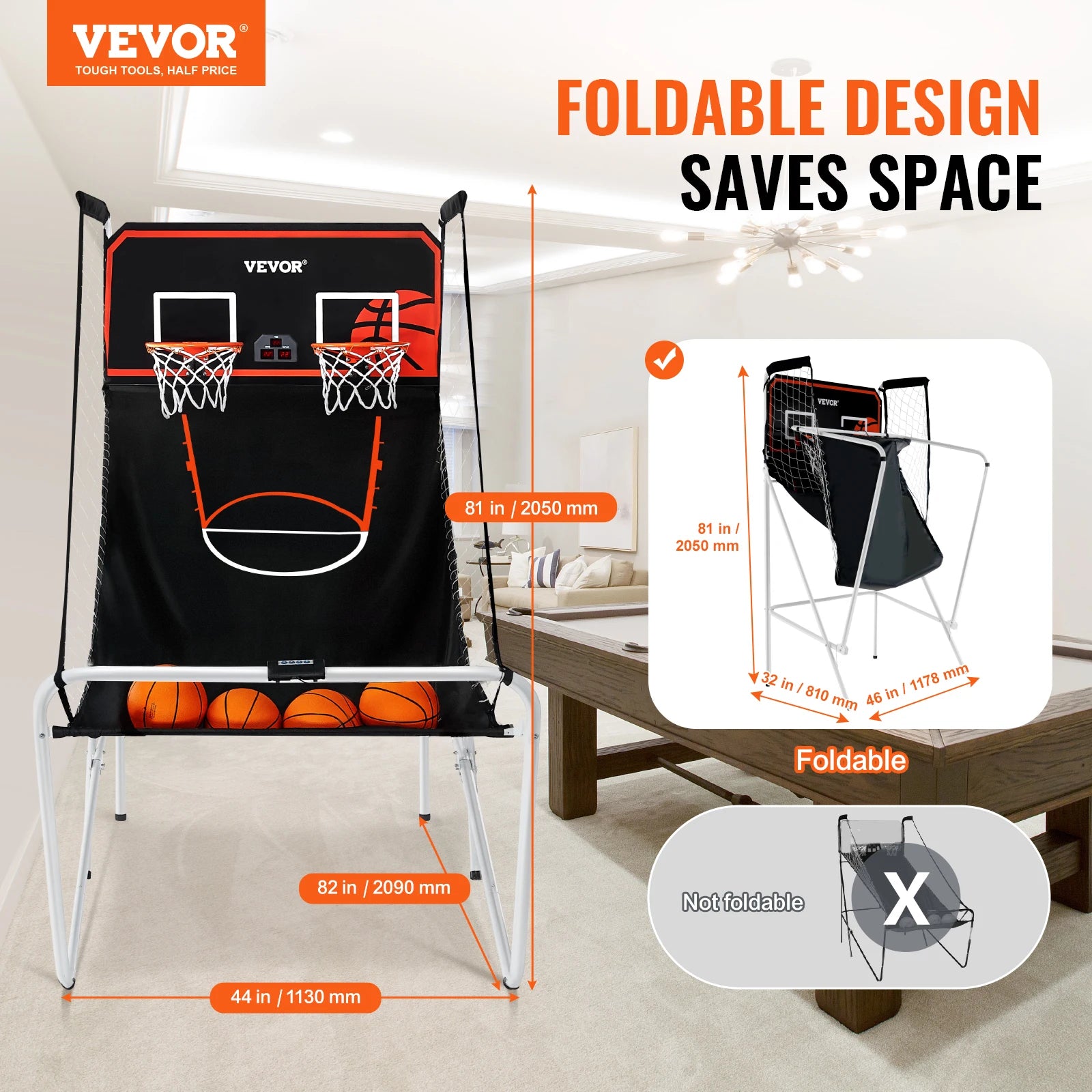 Foldable Basketball Arcade Game 2 Player Indoor 4 Balls 8 Game Modes for Kid Adult