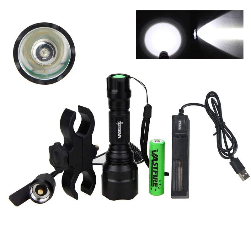 LED Flashlight White/Green/Red Tactical Hunting Rifle Lantern+Pressure Switch+Rail Scope Mount+18650+USB Charger