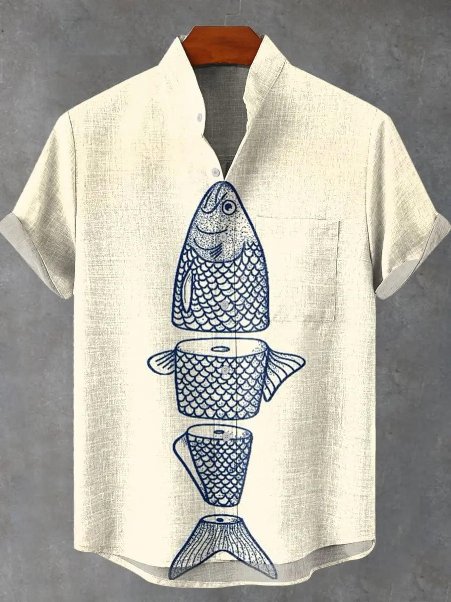 Men Summer Retro Fish Pattern Art Shirt Casual Linen Short Sleeve Fishing Enthusiast Clothing Beautiful Style Camisas De Hombre