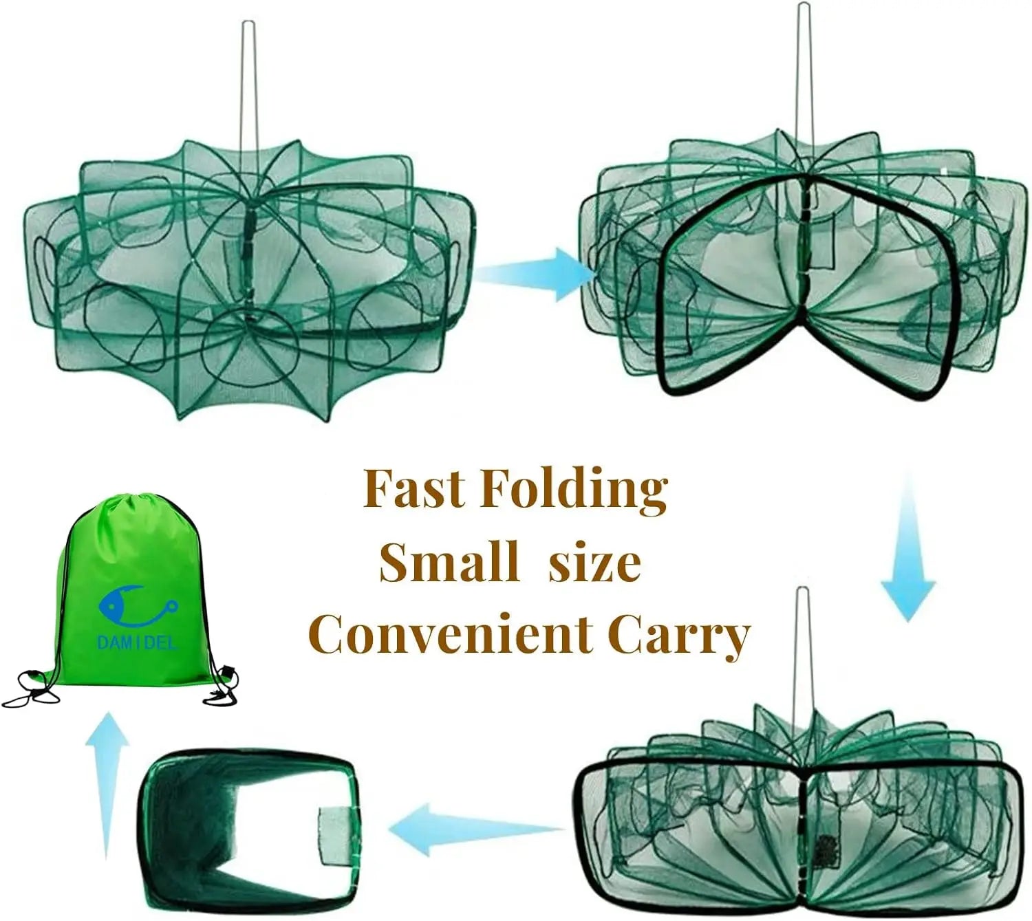 32in x 10in Folded Fishing Bait Trap with 10 Holes, Large Space for Fish/Crab/Shrimp/Crawdad, Includes Bait Bag and Rope