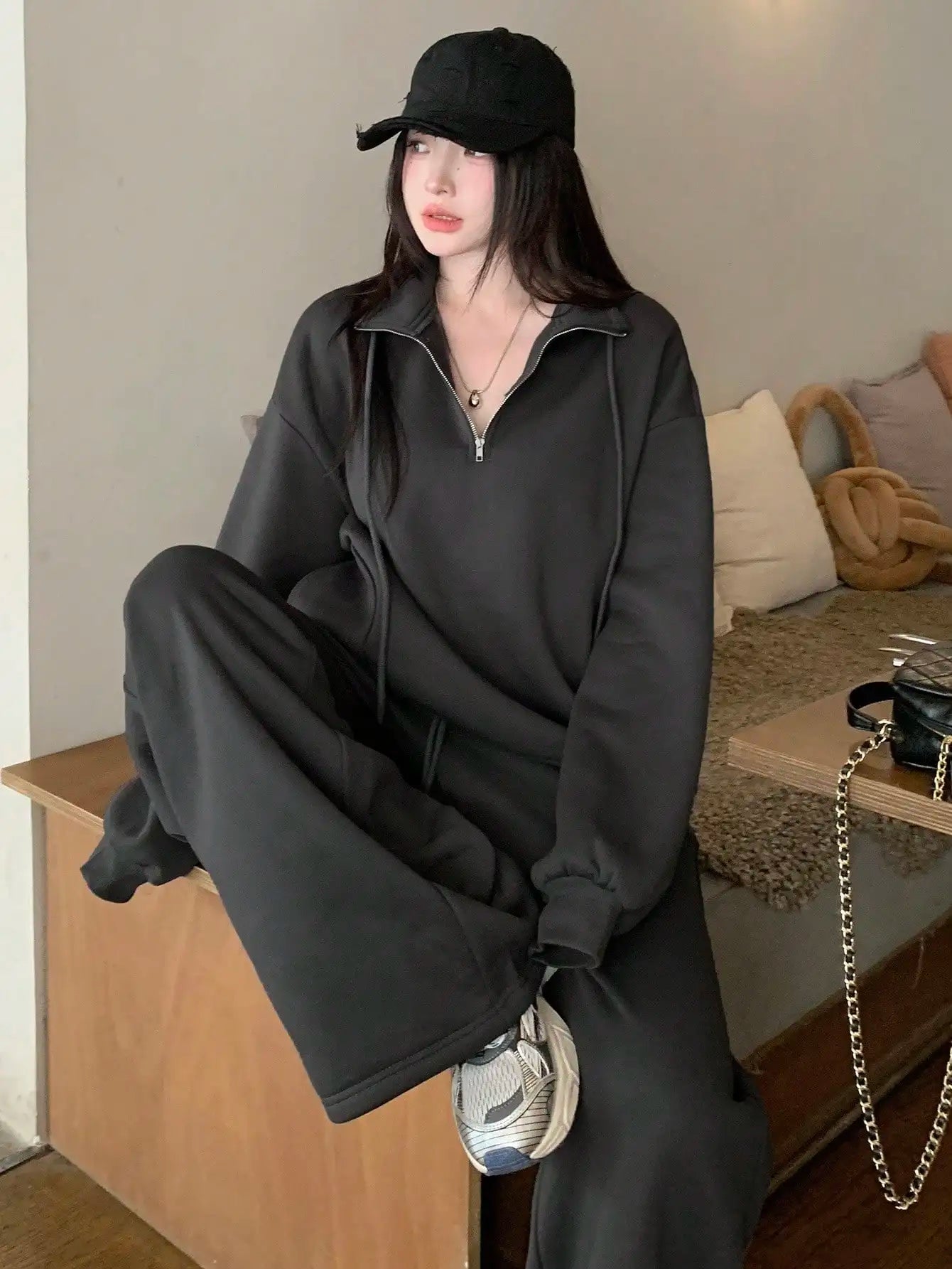 Women's Streetwear Hoodie & Wide Leg Pants Set, Casual Loose Fit 2 Piece Outfit