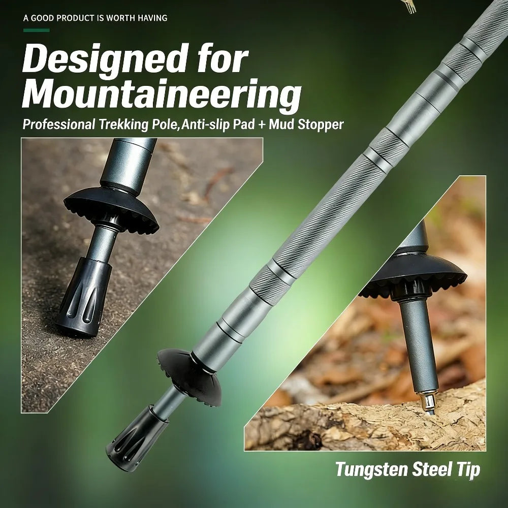 Folding Trekking Pole Heavy Duty Aluminum Alloy Handle Non-Slip Multi-Function Outdoor Hiking Walking Stick for Camping