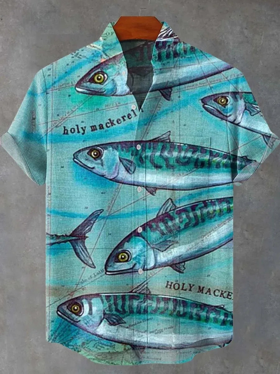 Men Summer Retro Fish Pattern Art Shirt Casual Linen Short Sleeve Fishing Enthusiast Clothing Beautiful Style Camisas De Hombre