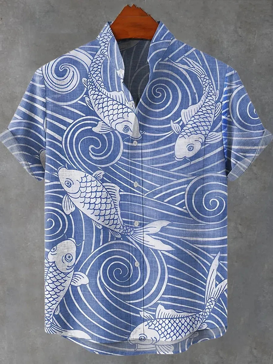 Men Summer Retro Fish Pattern Art Shirt Casual Linen Short Sleeve Fishing Enthusiast Clothing Beautiful Style Camisas De Hombre