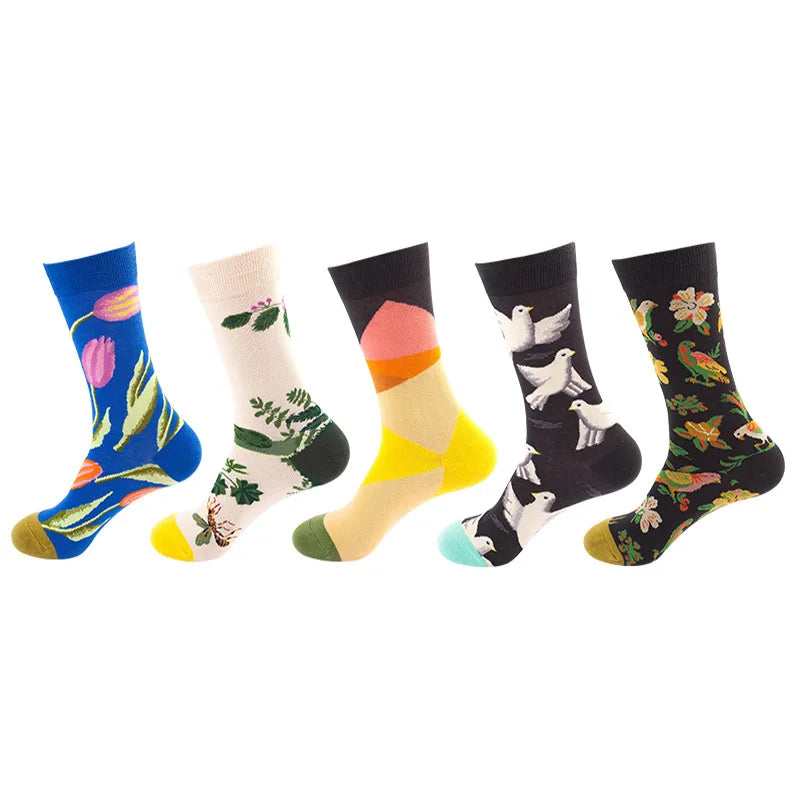 10pcs=5 Pairs Neutral Cool Funny Hiphop Casual Pastel Pack Long Tube Set Men Fashion Print Harajuku Cotton Sports Running Socks